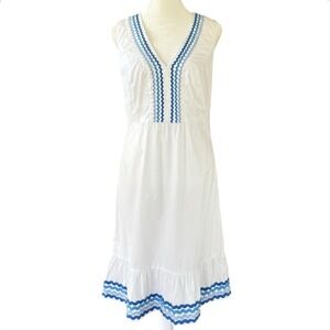 Boden Easy Dress White Blue‎ Ricrac Trim Flowy A-Line Womens 10L Preppy Coastal
